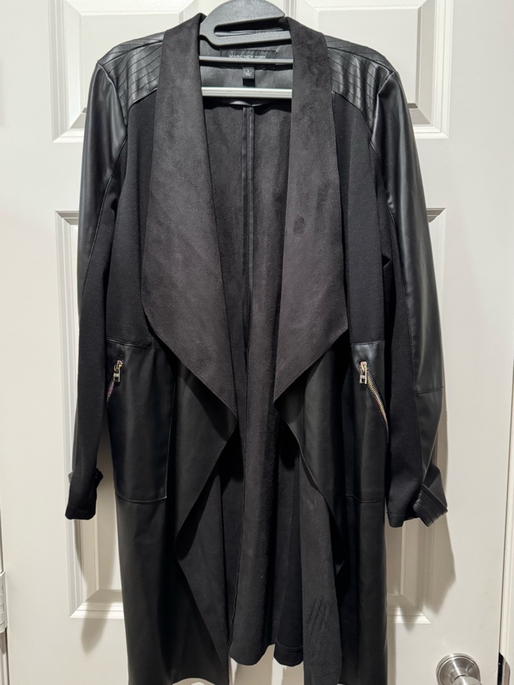 Marc New York Black Faux Leather & Suede Draped Trench Jacket Coat